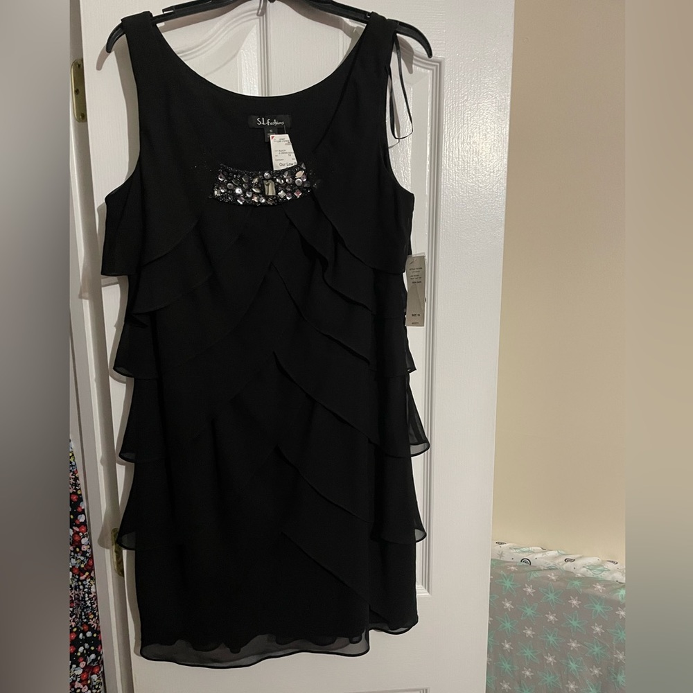 Womens S.L. Fashions black ruffle dress with rhinestone detail. Size 16. NWT
